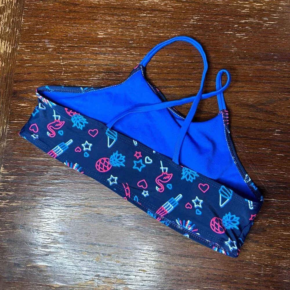 Wonder Nation Girls Swim Top XXL/18 Navy Blue Neon Fireworks Flamingo Print High